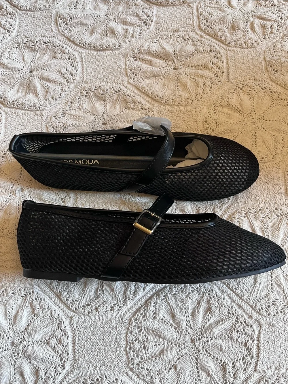 NWT Top Moda black mesh ballet flats Mary Jane buckle round toe